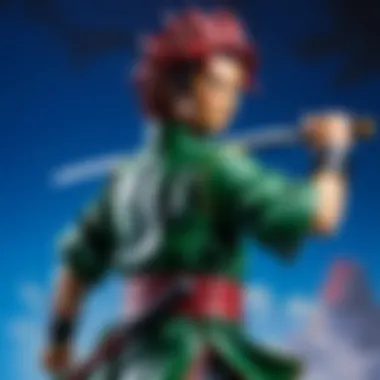 Tanjiro's Combat Skills in Action A dynamic action scene showcasing Tanjiro's combat skills against a demon.