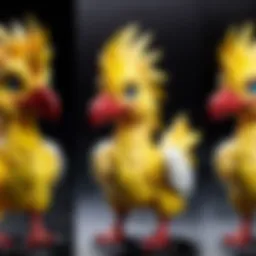 A vibrant display of Chocobo plush toys in various sizes and colors