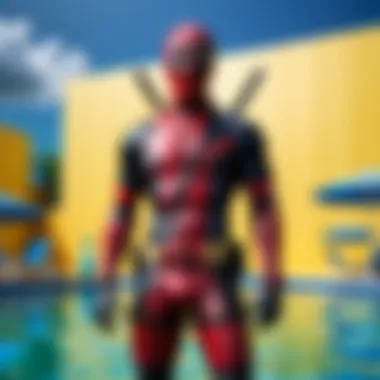 Deadpool swimming trunks styled with avant-garde fashion statement