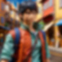 Illustration of the protagonist using a smartphone in a fantasy landscape