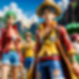 A vibrant illustration of the One Piece crew sailing the Grand Line