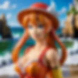 Nami in her signature outfit with a vibrant ocean backdrop