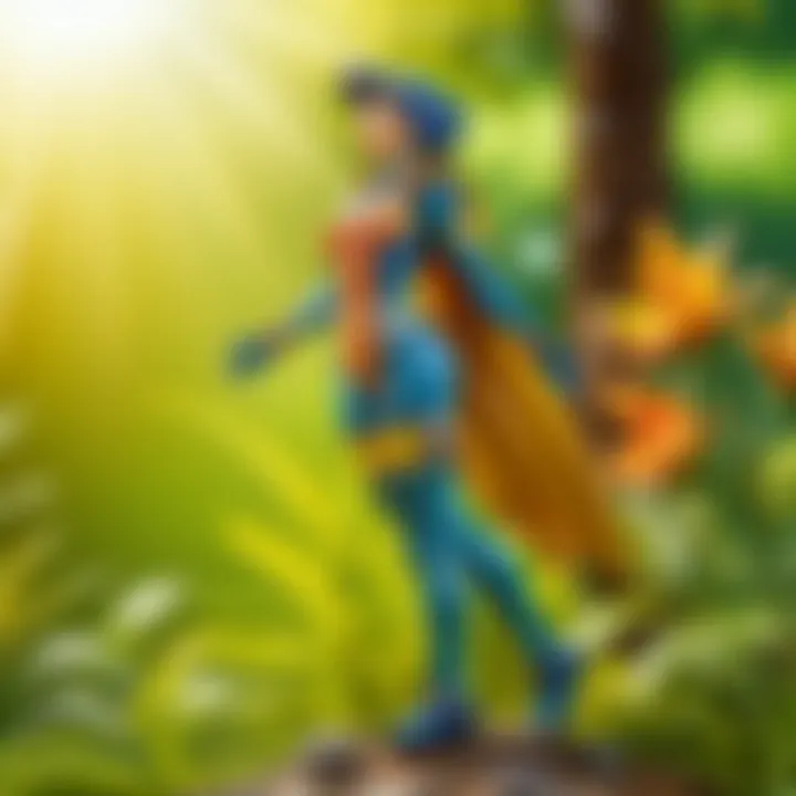 An outdoor scene demonstrating the solar-powered figurine in action under sunlight, merging nature with artistic expression.