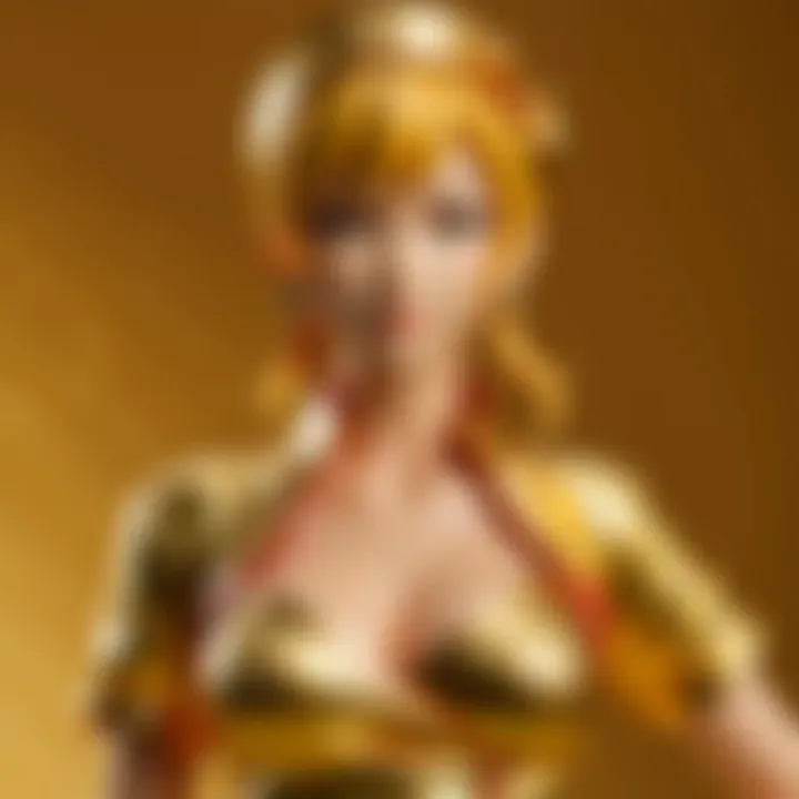 Collection of various gold one piece outfits displayed artistically