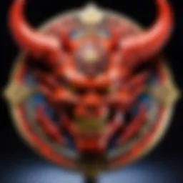 A close-up view of a detailed Demon Badge showcasing intricate design elements.