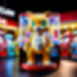 A vibrant display of virtual claw machines with colorful prizes
