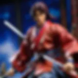 A vibrant illustration depicting the protagonist of Rurouni Kenshin in a dynamic pose, showcasing his iconic reverse-blade sword.