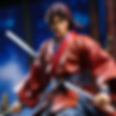 A vibrant illustration depicting the protagonist of Rurouni Kenshin in a dynamic pose, showcasing his iconic reverse-blade sword.