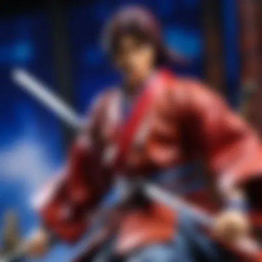 A vibrant illustration depicting the protagonist of Rurouni Kenshin in a dynamic pose, showcasing his iconic reverse-blade sword.
