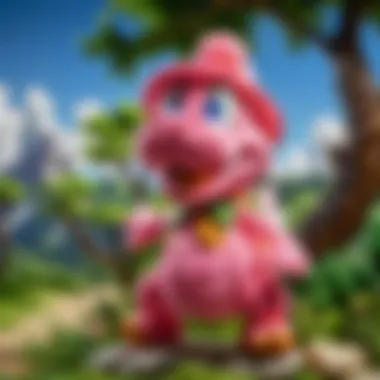 Pink Yarn Yoshi in Action: Artistic Game Scene Artistic representation of Pink Yarn Yoshi within a game scene