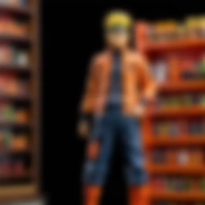 Collector's Shelf of Naruto Figures An organized shelf filled with Naruto action figures arranged by series and character, reflecting collector's pride.