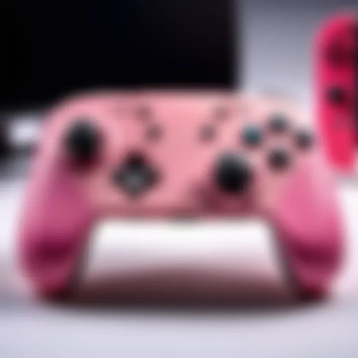 Pink-themed gaming accessories arranged aesthetically