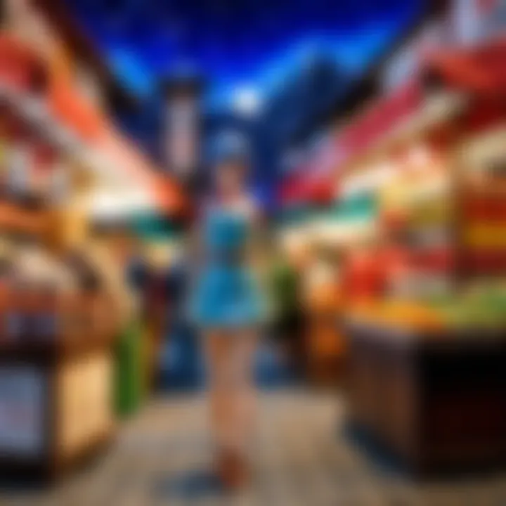 A vibrant market scene depicting the exchange of Saikik merchandise among enthusiasts.