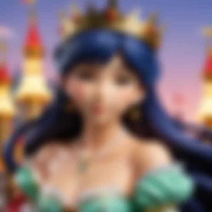 An intricate character design highlighting the unique style of a sleepy princess, adorned in a fantastical outfit with a serene expression.