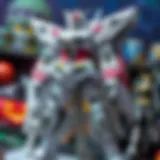 A detailed assembly of a Gundam model showcasing intricate parts and colors.