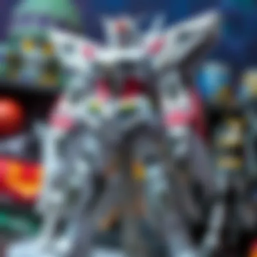 A detailed assembly of a Gundam model showcasing intricate parts and colors.