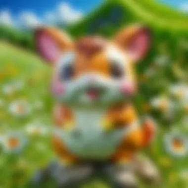 Hamtaro dancing joyfully in a colorful meadow