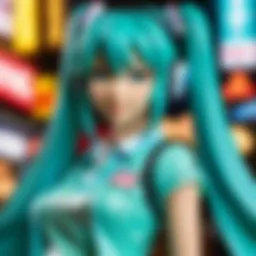 A vibrant display of Hatsune Miku t-shirts at a pop culture event