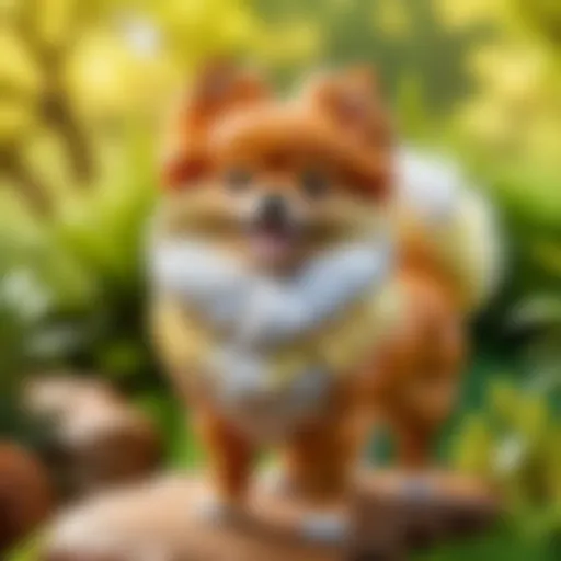 Playful miniature Pomeranian puppy exploring a lush garden