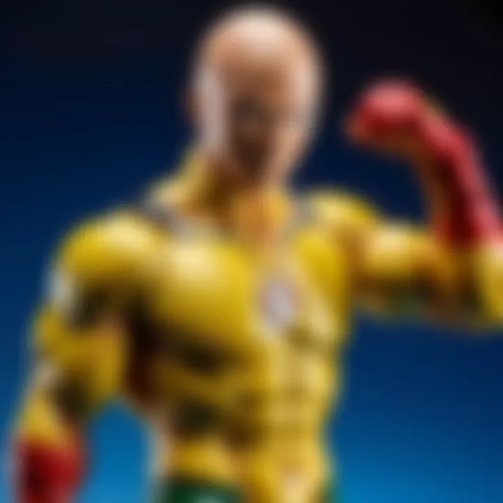 Illustration displaying the latest One Punch Man merchandise releases in a vibrant setting