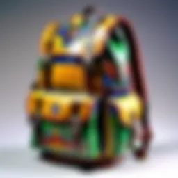 A detailed look at a Monster Hunter themed backpack showcasing intricate designs.