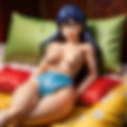 Illustration of a serene traditional Japanese garden with a dakimakura as the focal point