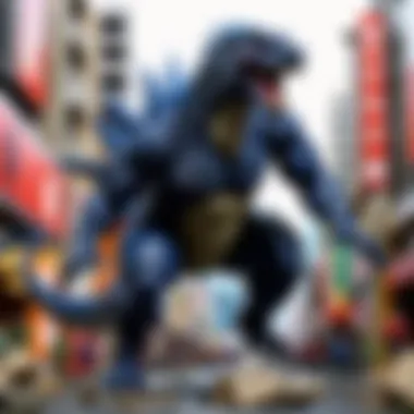 Shin Godzilla Action Figure in Dynamic Pose amidst Urban Chaos