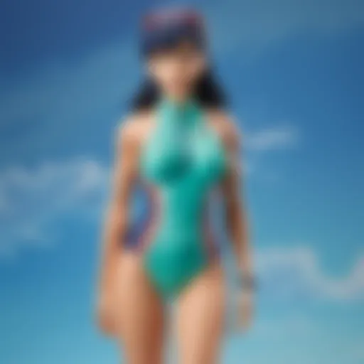 Stylish REI swimsuit on beach background