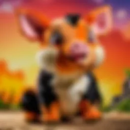 A close-up of a Tepig plush highlighting its detailed embroidery and vibrant colors