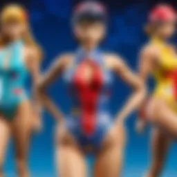 A vibrant display of historical swimsuits showcasing their evolution over time in Japanese pop culture.