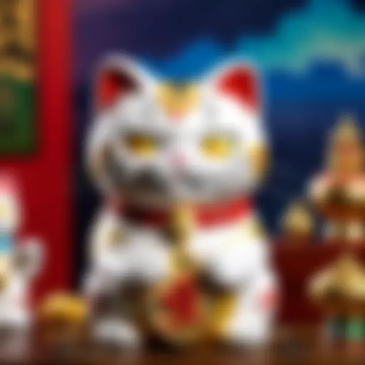 A collection of different lucky cat plush toys representing various styles and sizes