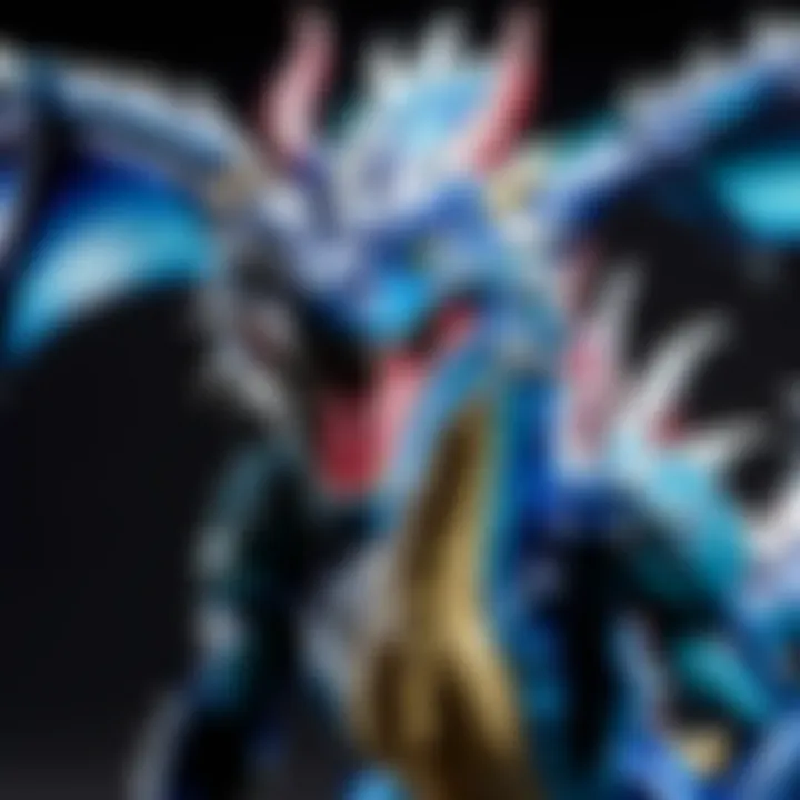 Scene depicting Blue-Eyes Ultimate Dragon in a fierce battle against opponents in a Yu-Gi-Oh! duel