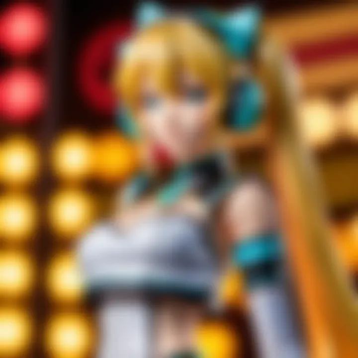 Illustration of futuristic Vocaloid virtual singer in a digital concert setting