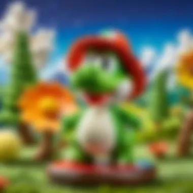 Yoshi Woolly World Amiibo figurine showcased in a whimsical gaming scene